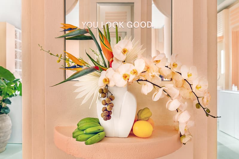 Glossier Miami Pop-Up Store 2019 Interior Emily Weiss Makeup Skincare Fragrance Beauty Cosmetics Pink Millennial Pastel Art Deco Design Mural Jacquie Comrie