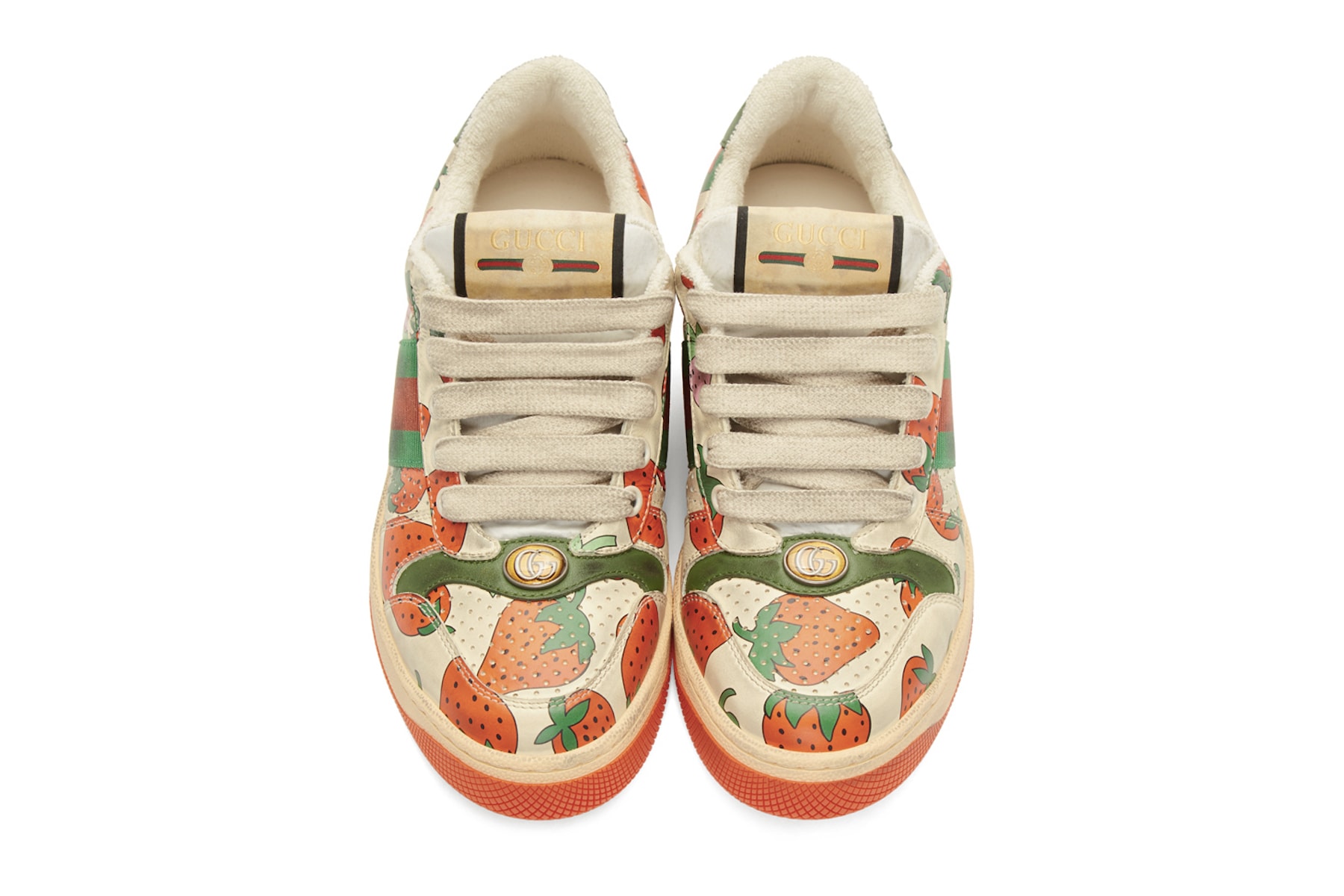 Gucci Strawberry Print Distressed Sneaker Red Green White Black Graphics 