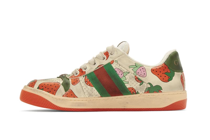 Gucci Strawberry Print Distressed Sneaker Red Green White Black Graphics 