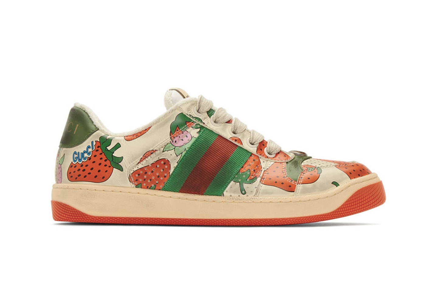 Gucci Strawberry Print Distressed Sneaker Red Green White Black Graphics