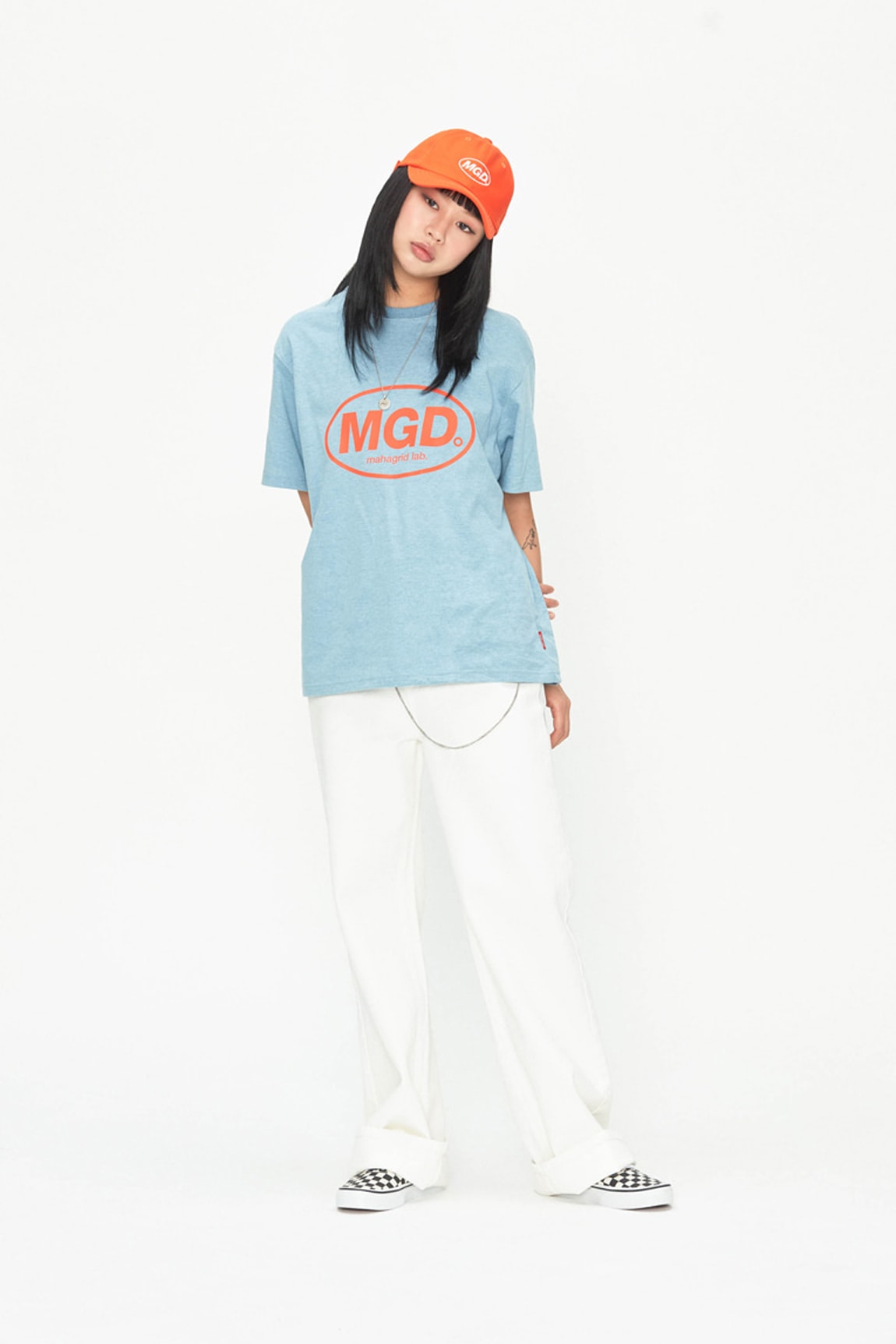 Mahagrid Spring Summer 2019 Women's Collection Shirt Blue Pants White Hat Orange