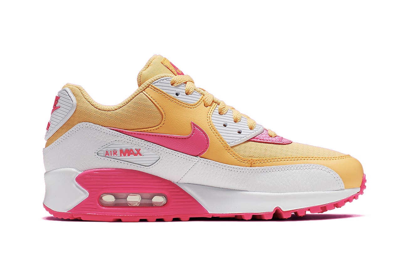 Nike Air Max 90 "Topaz Gold/White/Laser Fuchsia" Pink Yellow Sneaker Retro Spring Summer Shoe Statement