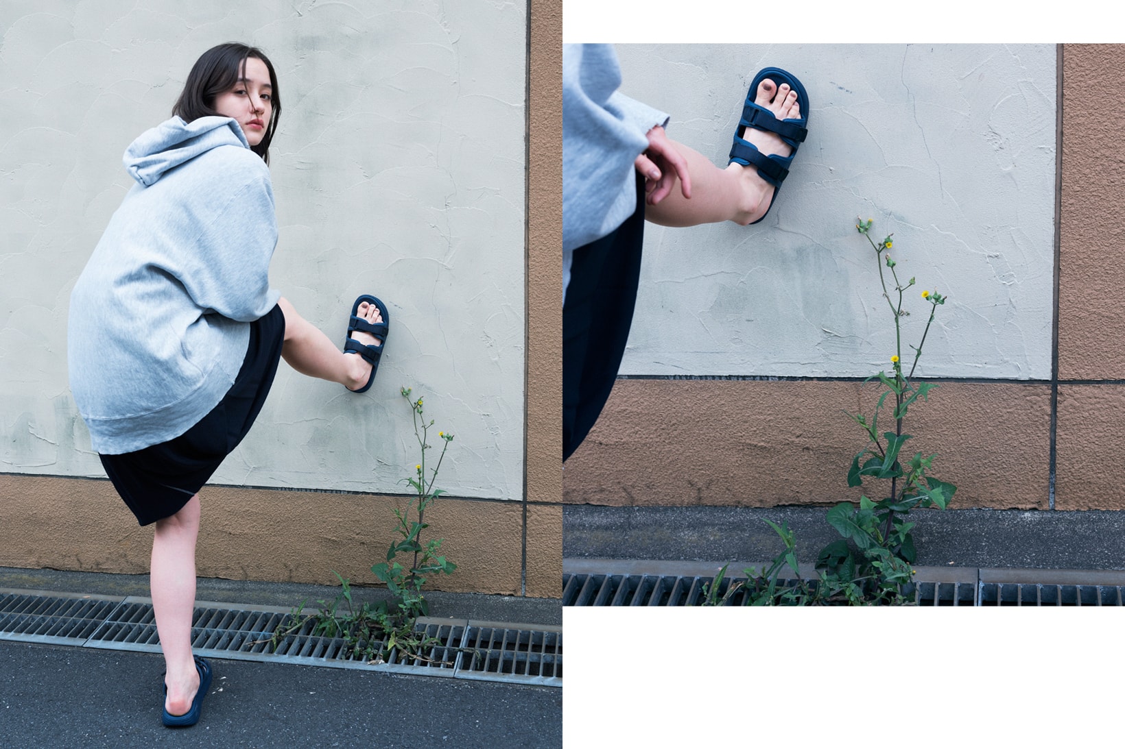 SUICOKE Spring Summer 2019 Lookbook Sweater Sandals Blue Shorts Black