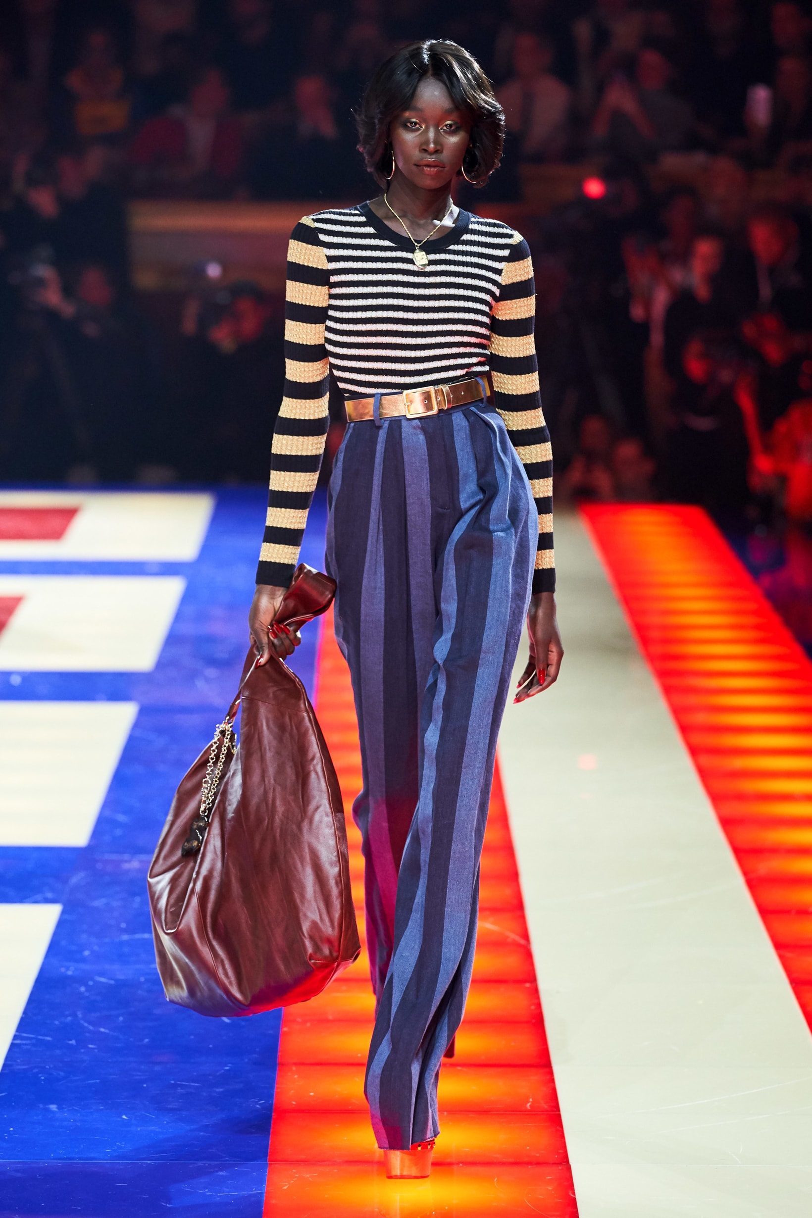 Tommy Hilfiger TommyNow Zendaya Spring 2019 Paris Fashion Week Show Collection Striped Top Yellow Brown Pants Blue