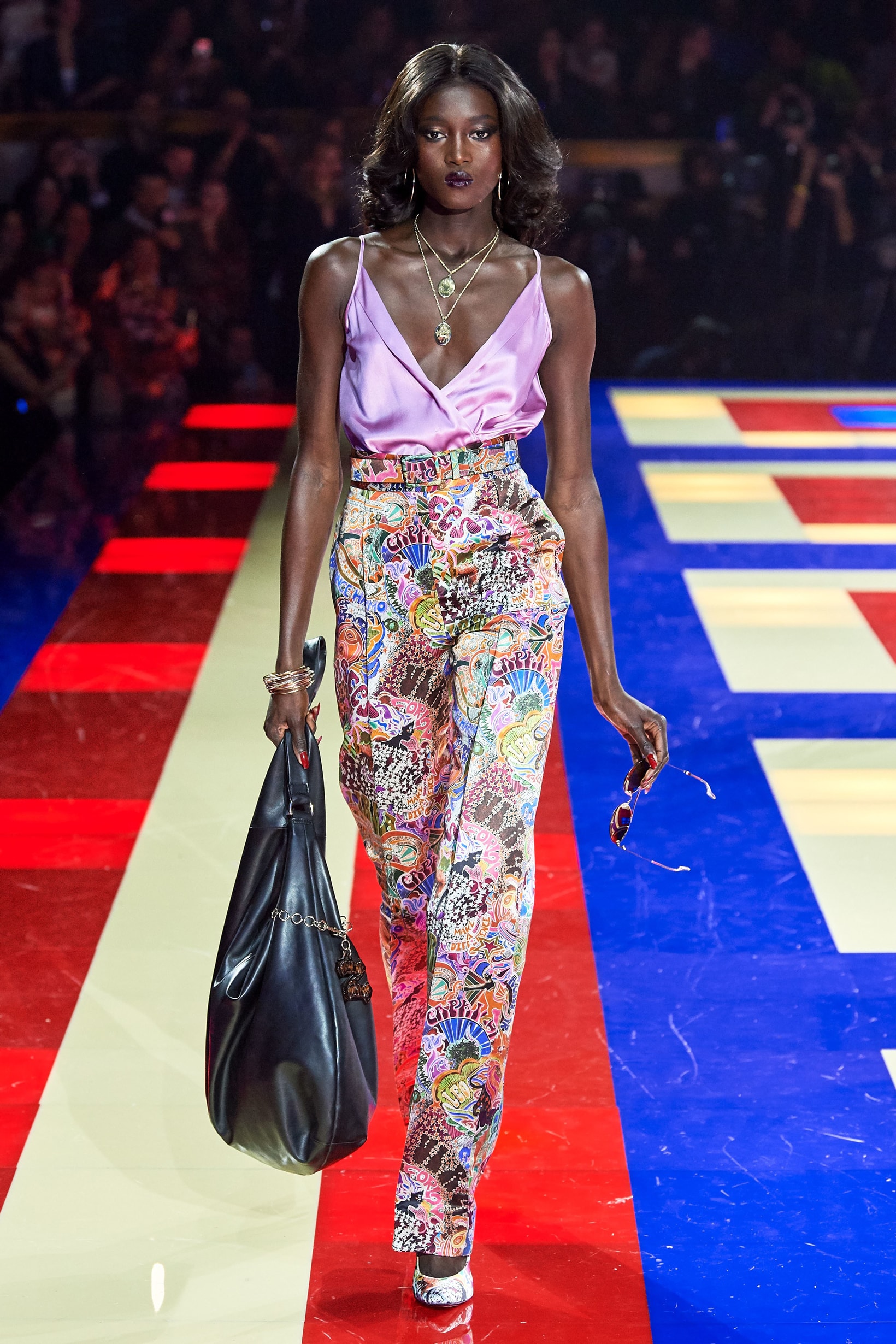 Tommy Hilfiger TommyNow Zendaya Spring 2019 Paris Fashion Week Show Collection Silk Top Purple Patterned Pants White Pink Blue