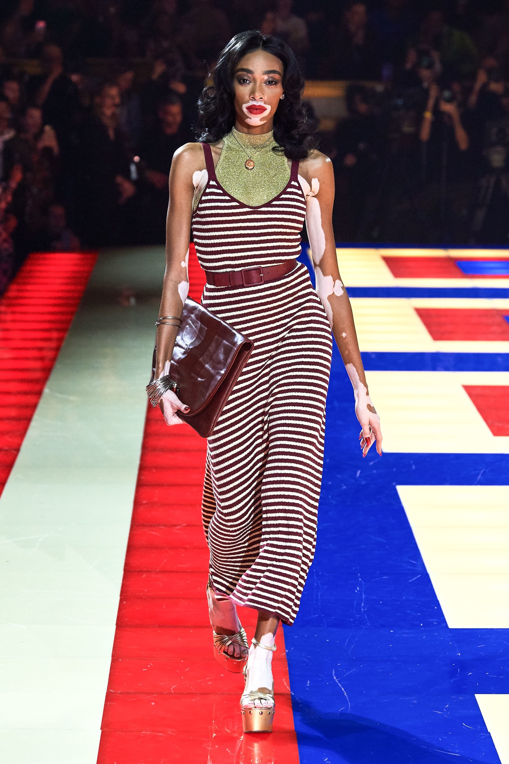 Tommy Hilfiger TommyNow Zendaya Spring 2019 Paris Fashion Week Show Collection Winnie Harlow Striped Dress Maroon