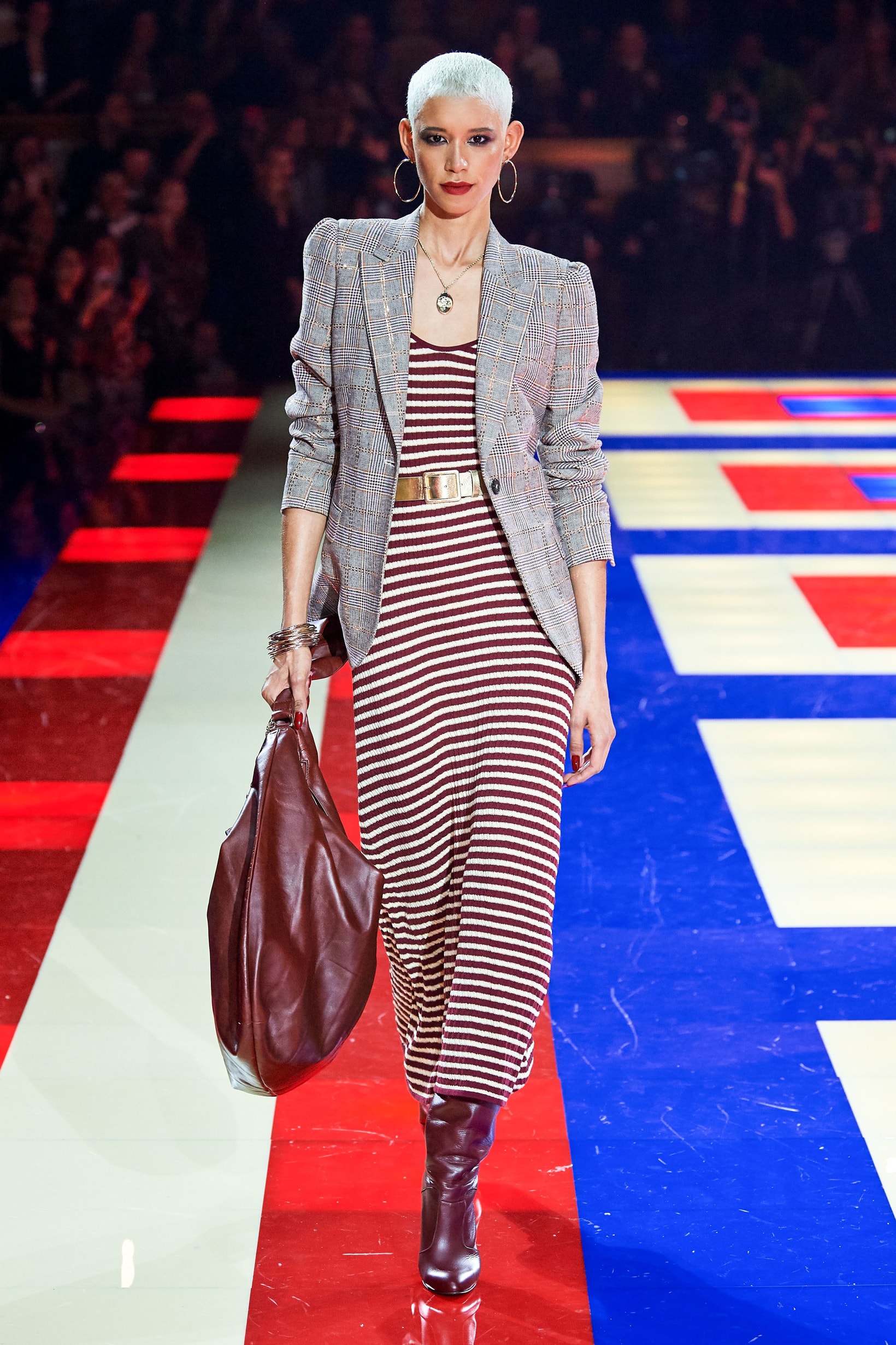 Tommy Hilfiger TommyNow Zendaya Spring 2019 Paris Fashion Week Show Collection Dilone Striped Dress Maroon Blazer Grey