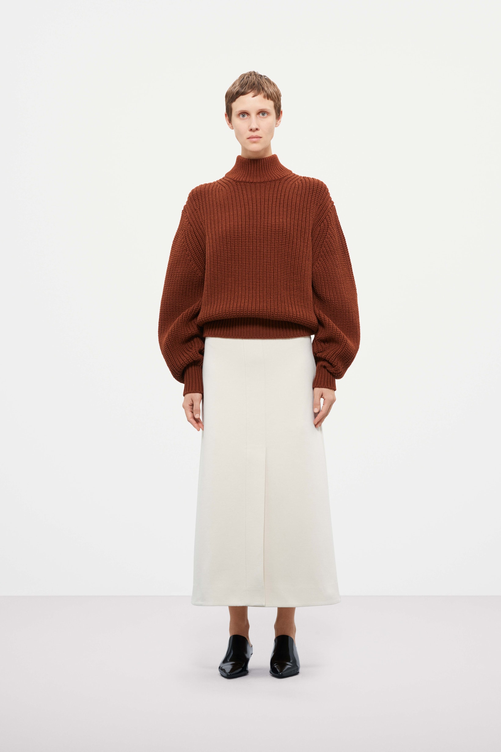 Cos Fall Winter 2019 Lookbook Sweater Orange Skirt Cream