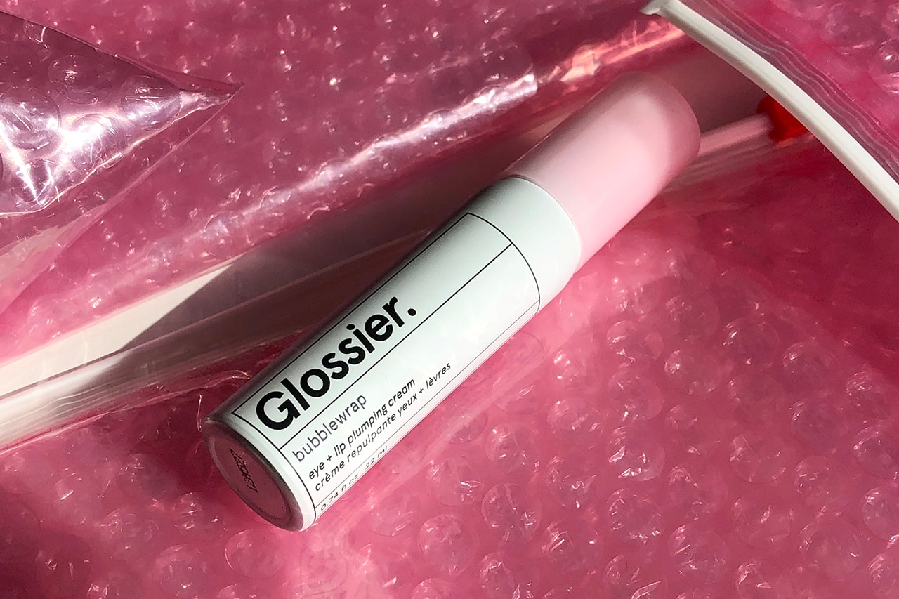 Glossier Bubblewrap Eye Lip Cream Pink Pouch Bag Emily Weiss Beauty Skincare Packaging