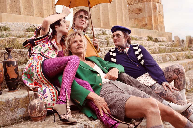 Gucci Pre Fall 2019 Campaign Collection Dress Cream Leggings Purple Blazer Green Shorts Pants Grey Sweater Blue