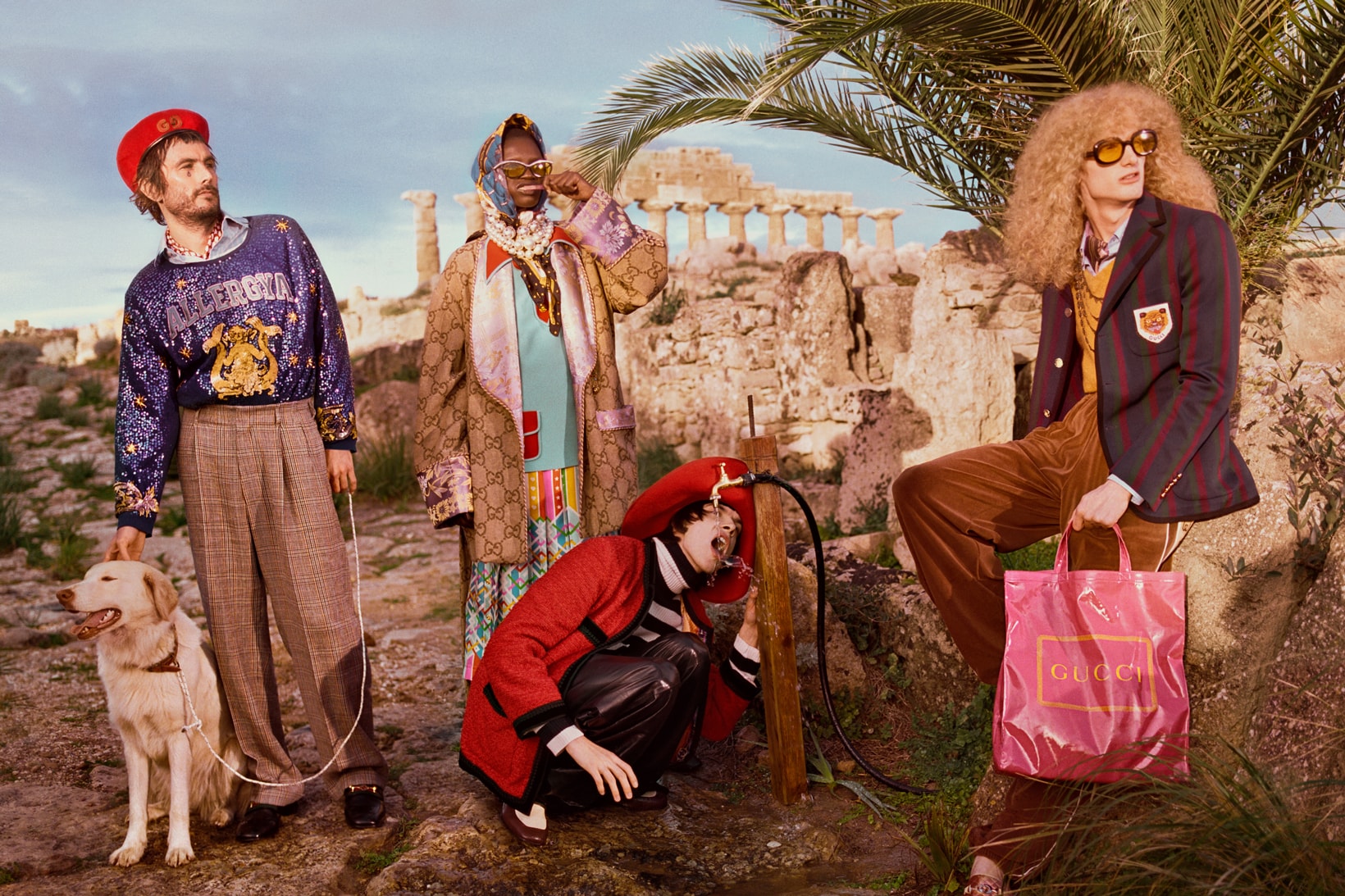 Gucci Pre Fall 2019 Campaign Collection Top Purple Logo Jacket Brown Blazer Red Maroon Green Tote Pink