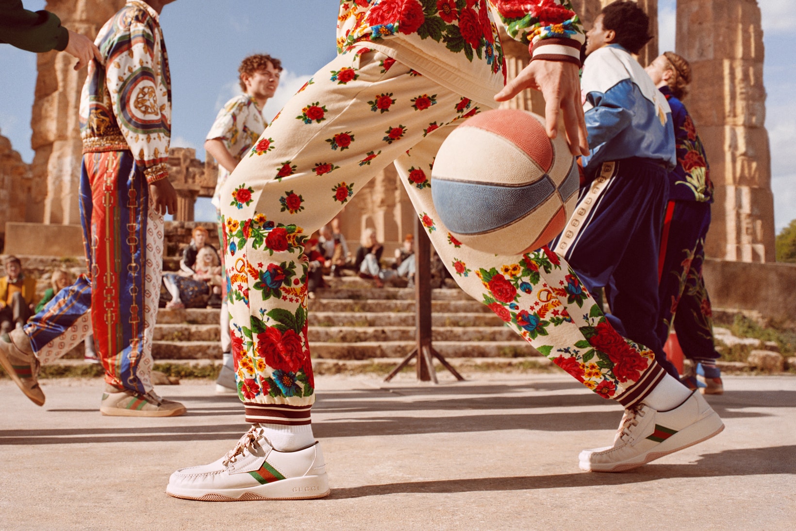 Gucci Pre Fall 2019 Campaign Collection Sweatpants Cream Red Sneakers White Tan Green