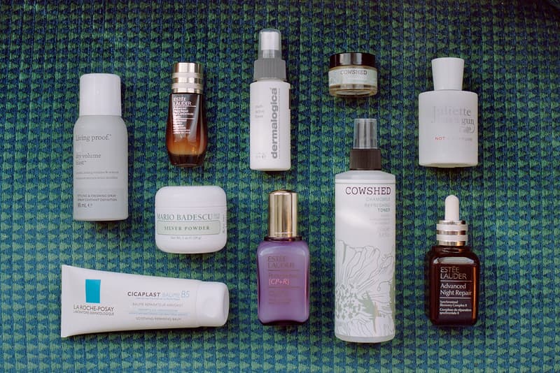 Makeup Skincare Cosmetics Haircare Products Estee Lauder Serum Living Proof Hair Volume Spray Cowshed Balm Mario Badescu Flat Lay Lifestyle Danielle Cathari 