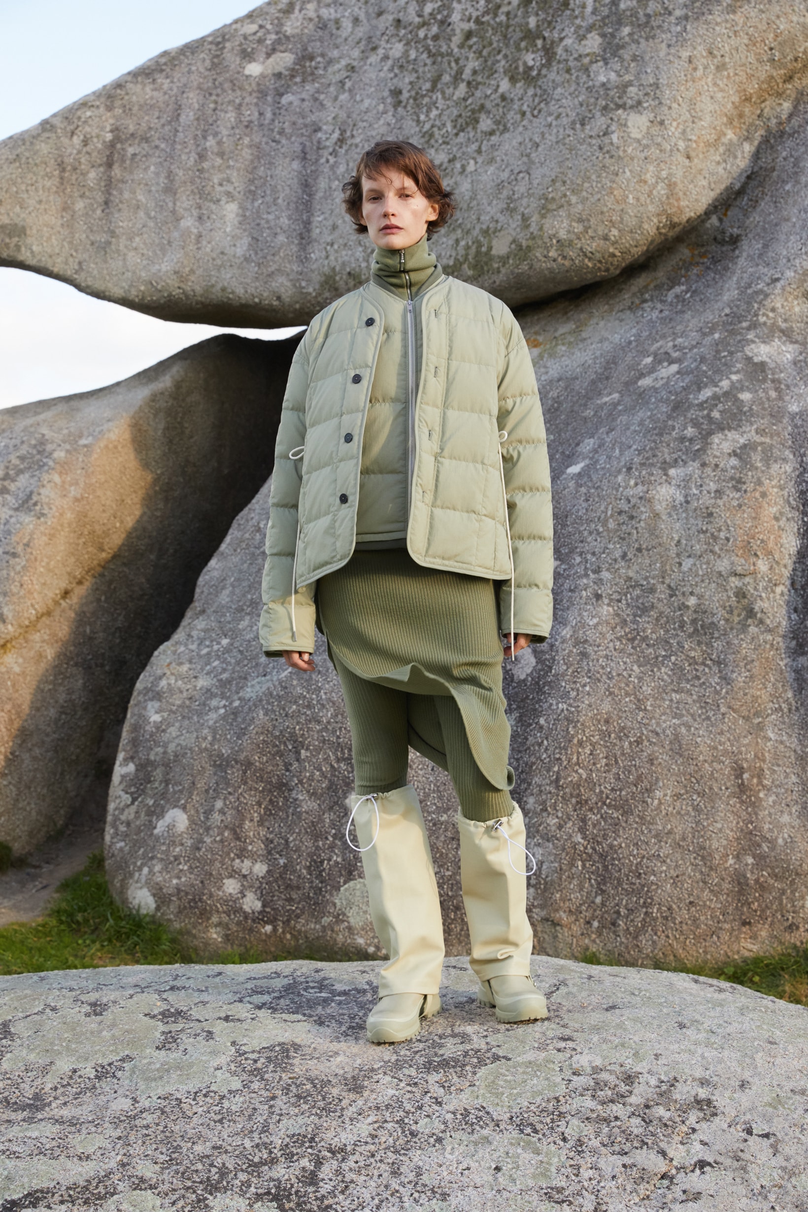 Jil Sander Plus Fall Winter 2019 Collection Jacket Skirt Green Boots Cream