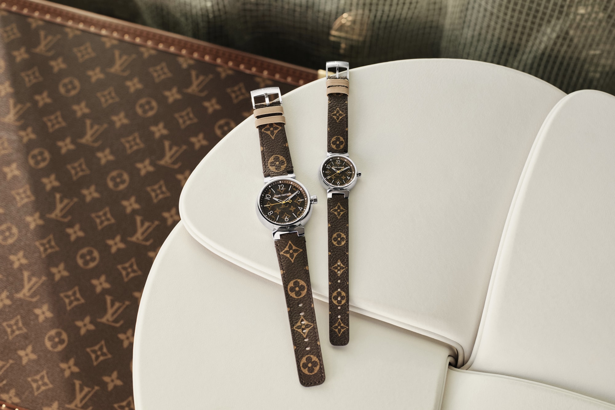 Louis Vuitton Monogram Watches Tambour Icons Collection Bracelet Timepiece Pattern Print Jewelry