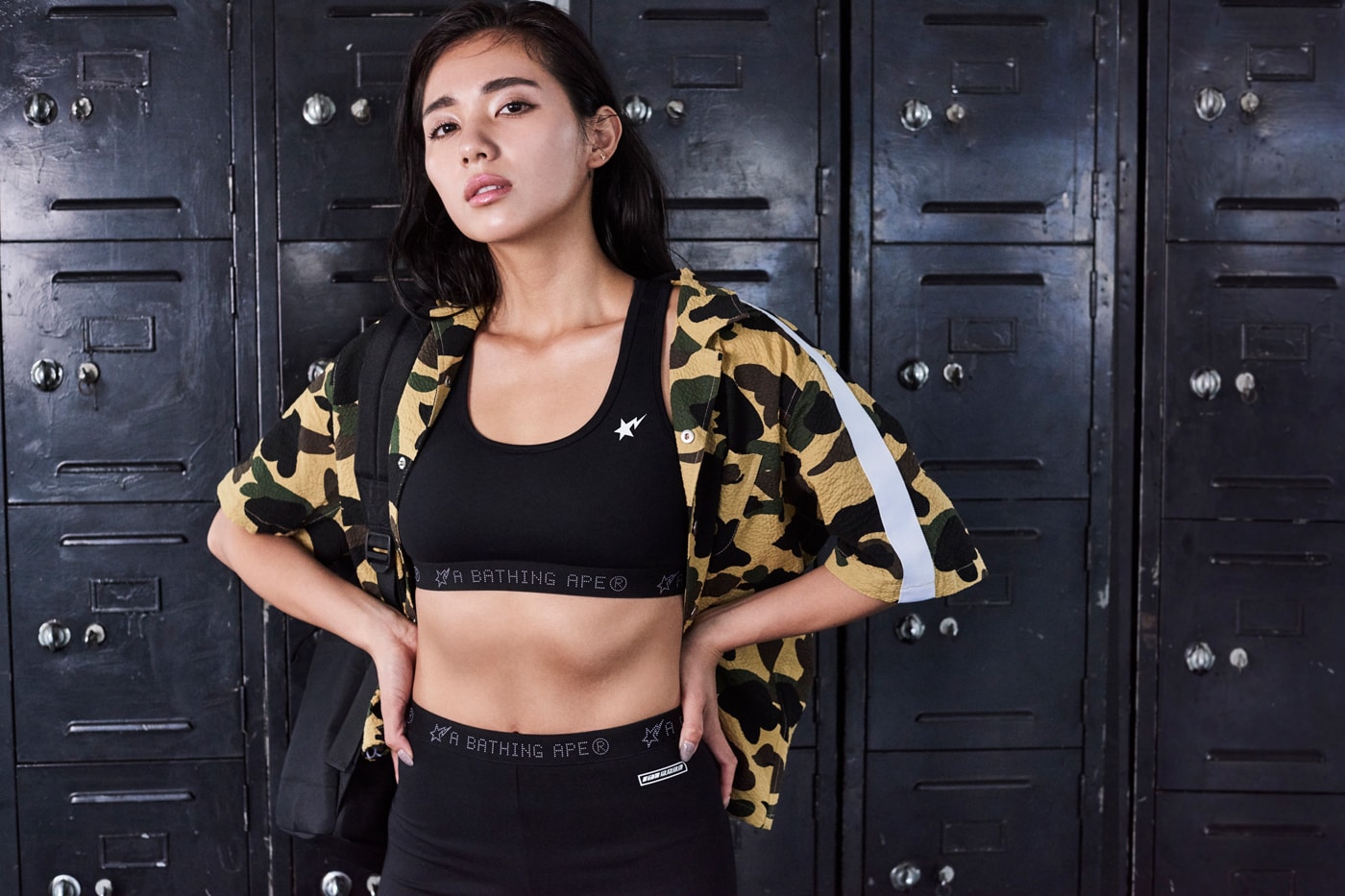 BAPE WORKOUT Spring Summer 2019 Lookbook Camouflage Shirt Green Sports Bra Leggings Black