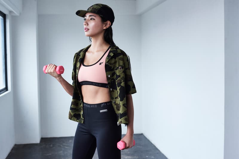 BAPE WORKOUT Spring Summer 2019 Lookbook Sports Bra Pink Camouflage Hat Green Black