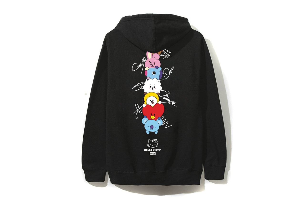 BTS BT21 x Hello Kitty Collaboration Hoodie T-Shirt Black White Autographs Signatures Characters 
