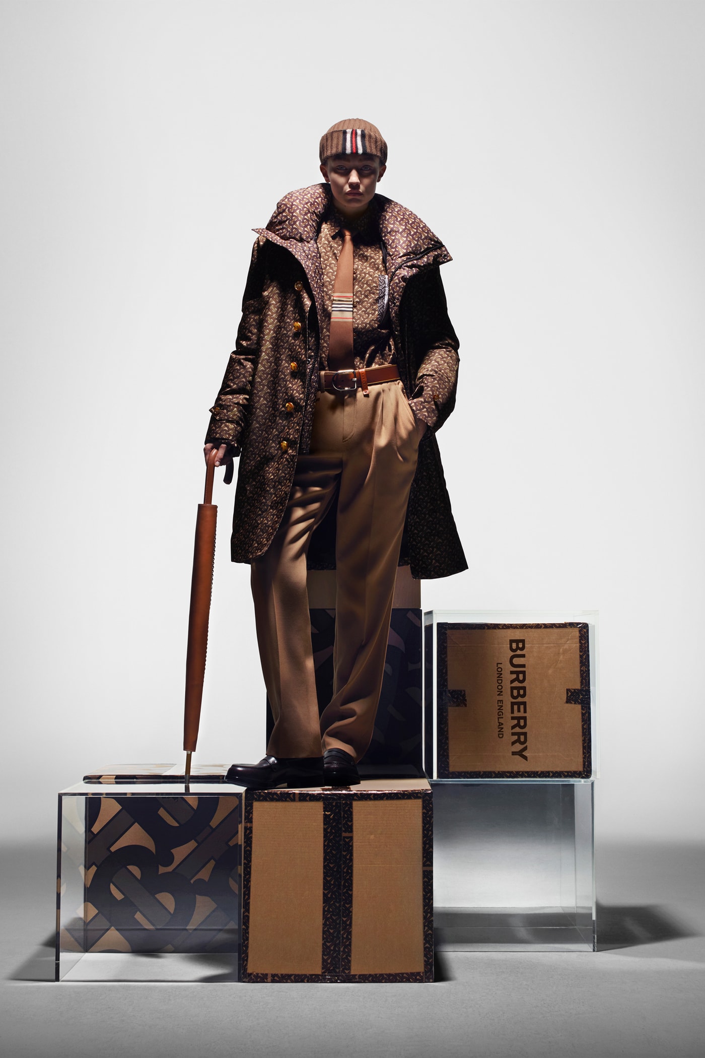 Burberry Monogram Collection Campaign Gigi Hadid Pants Jacket Hat Brown