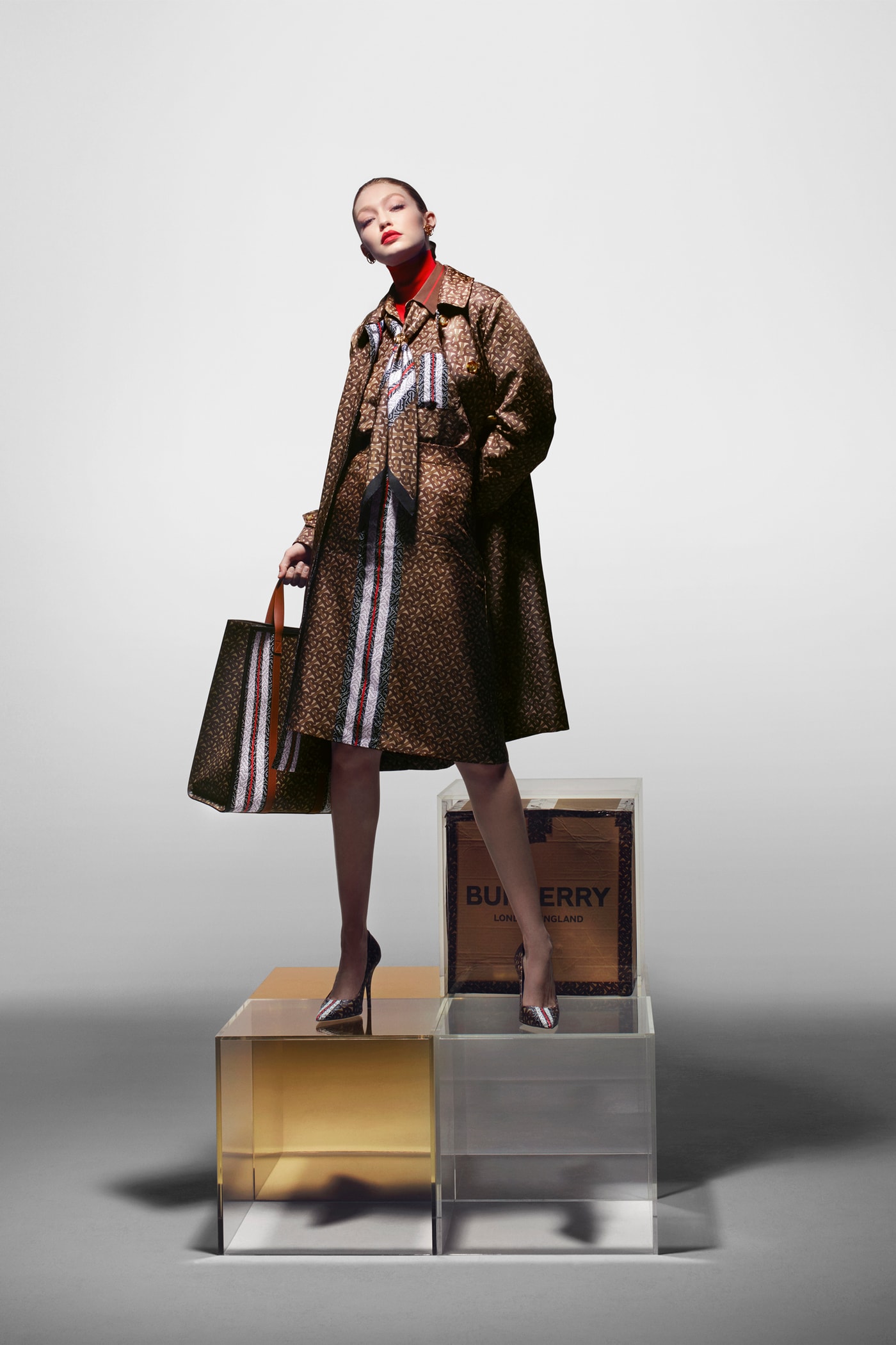 Burberry Monogram Collection Campaign Gigi Hadid Coat Bag Brown