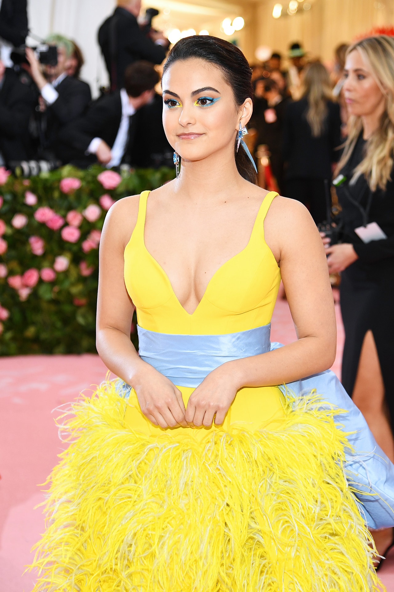 Camila Mendes Riverdale Met Gala 2019 Red Carpet Camp Notes on Fashion Yellow Dress Blue Ribbon