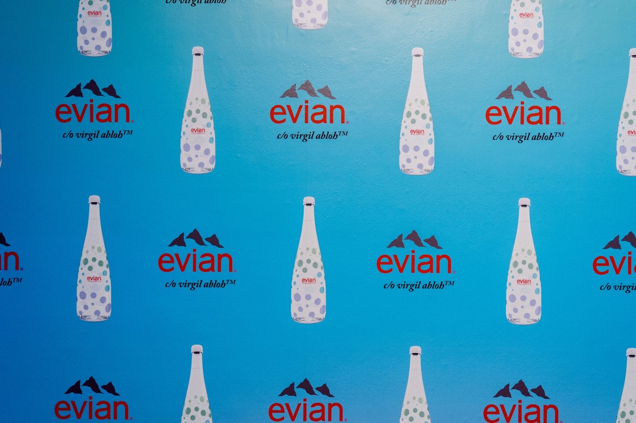 Virgil Abloh x Evian Water Bootle Drip Drop Pop Up New York City Logo