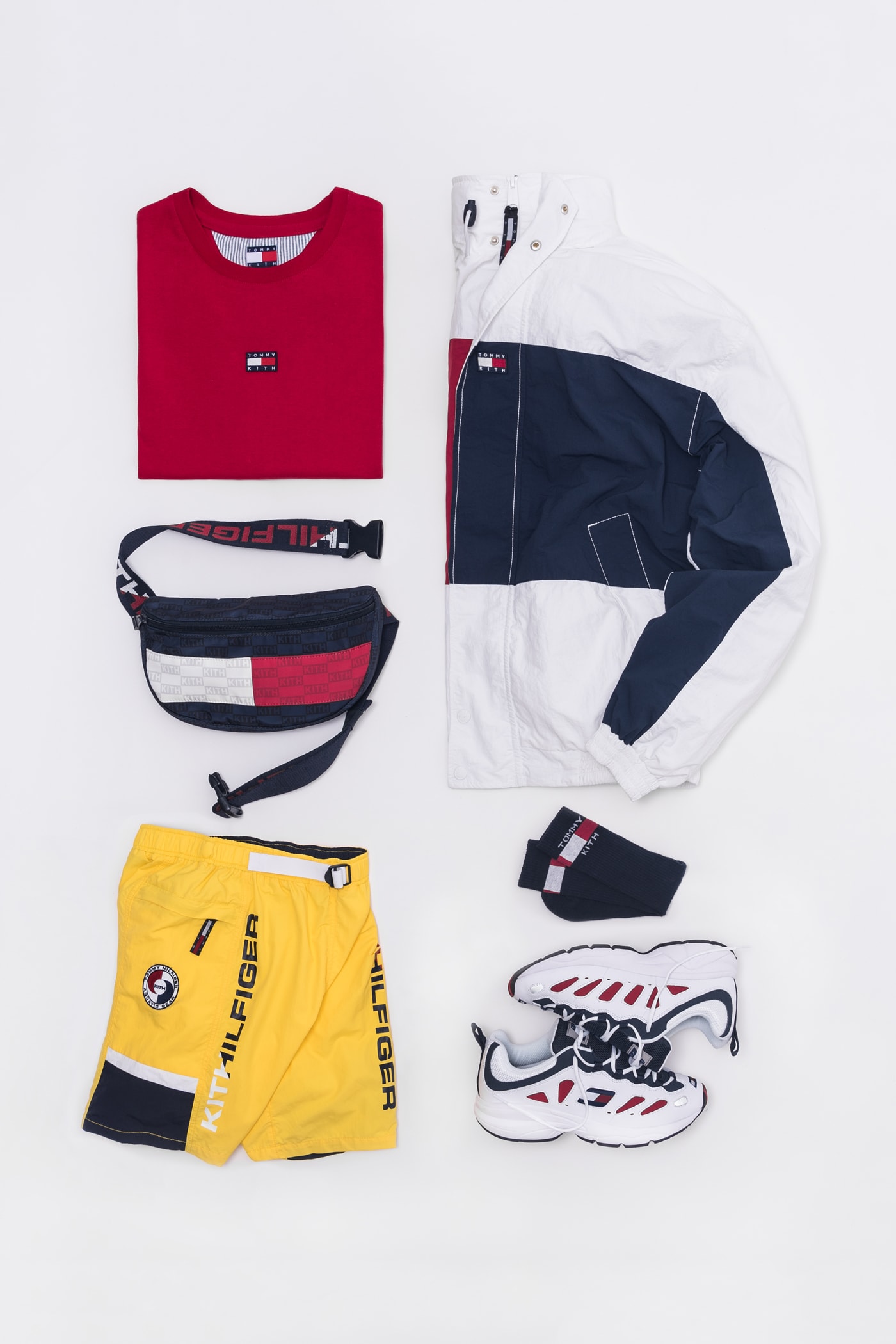 KITH x Tommy Hilifiger Capsule Collection Shirt Red Fanny Pack Blue White Shorts Yellow