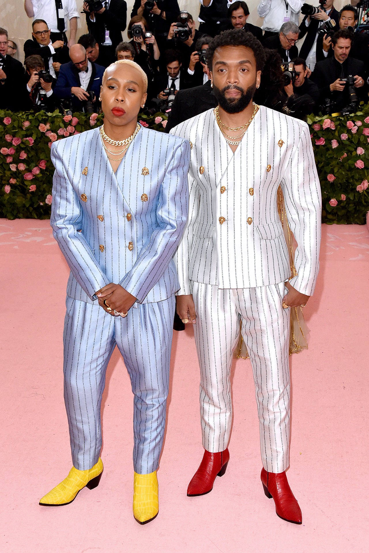 Lena Waithe Kerby Jean Raymond Pyer Moss 2019 Met Gala Camp Notes on Fashion Suits Blue White Boots Yellow Red