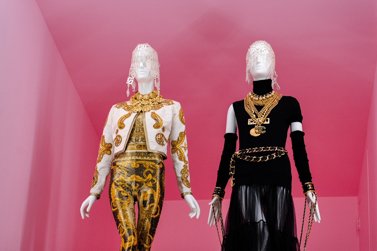 Metropolitan Museum of Art Spring 2019 Camp Notes on Fashion Exhibition Versace Jacket White Gold Top Skirt Black