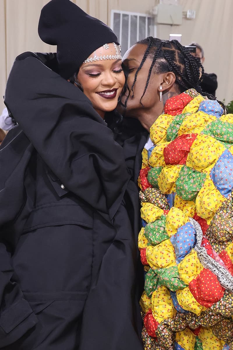 Rihanna ASAP Rocky Met Gala Ball 2021 In America A Lexicon of Fashion Red Carpet Kiss Balenciaga Couture Coat Gown Black ERL Quilt Blanket Cape Shawl