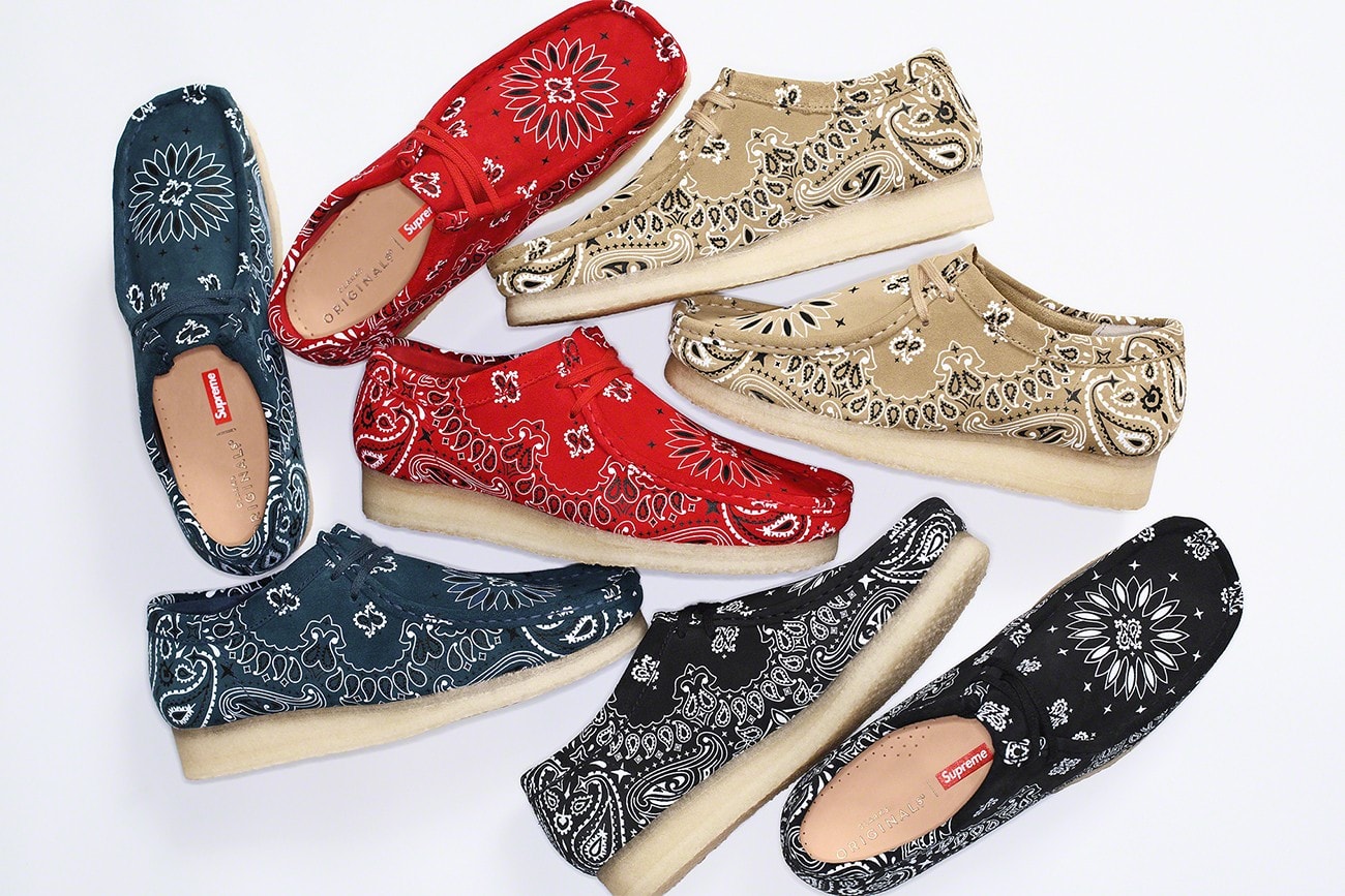 Supreme Clarks Originals 2019 Summer Wallabees Wallabee Footwear Shoes Collaboration Red Blue Black Beige Tan Paisley Pattern