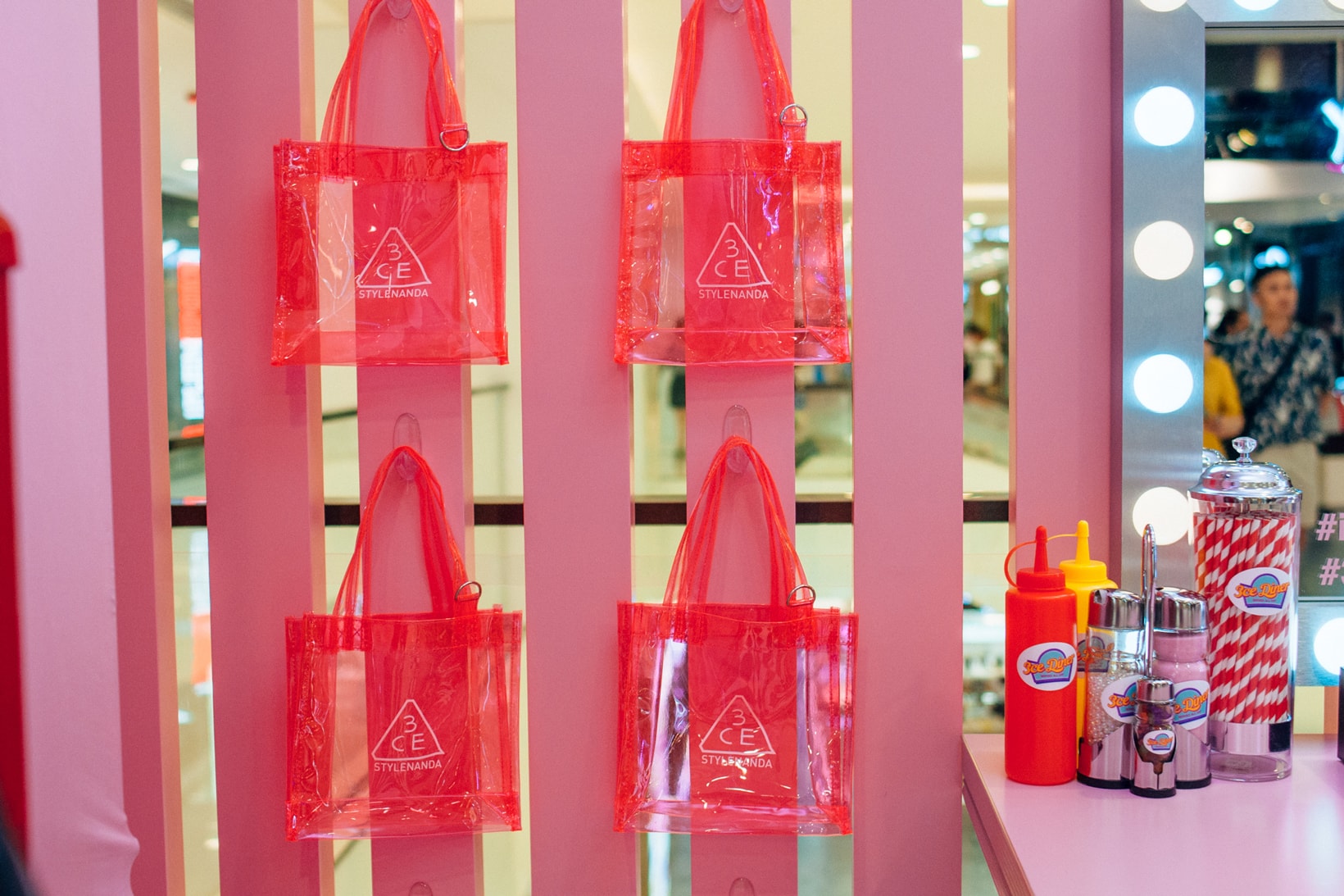3CE Diner Pop Up Hong Kong Beauty Makeup Neon Totes Pink