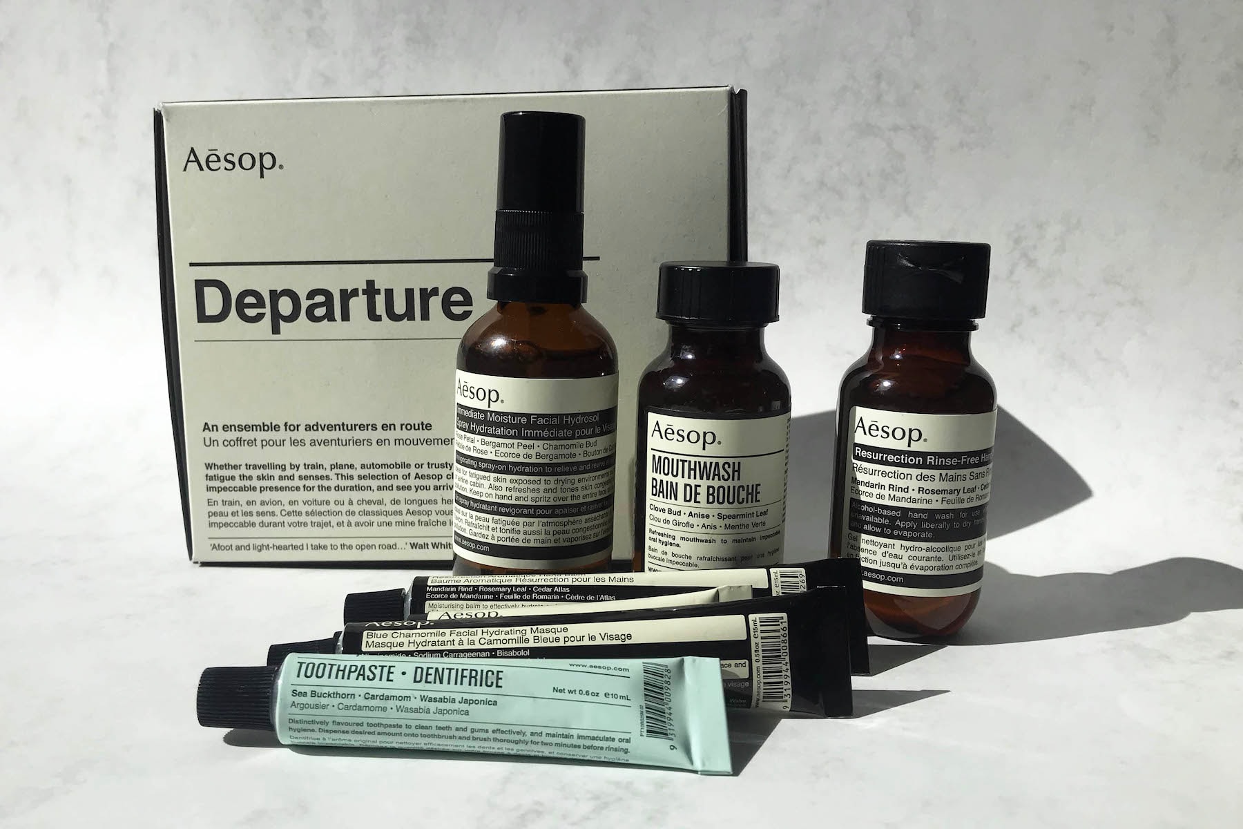 Aesop Departure Travel Kit Product Review Mouthwash Hand Soap Mist Toothpaste Masque Beauty Skincare 
