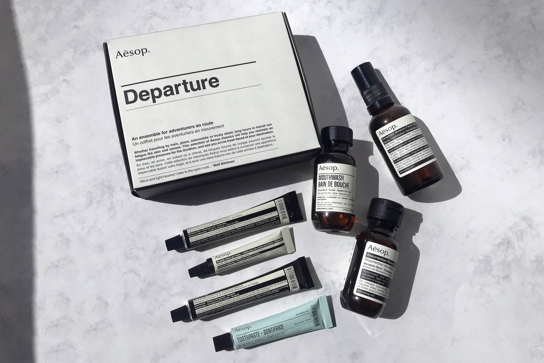 Aesop Departure Travel Kit Product Review Mouthwash Hand Soap Mist Toothpaste Masque Beauty Skincare 