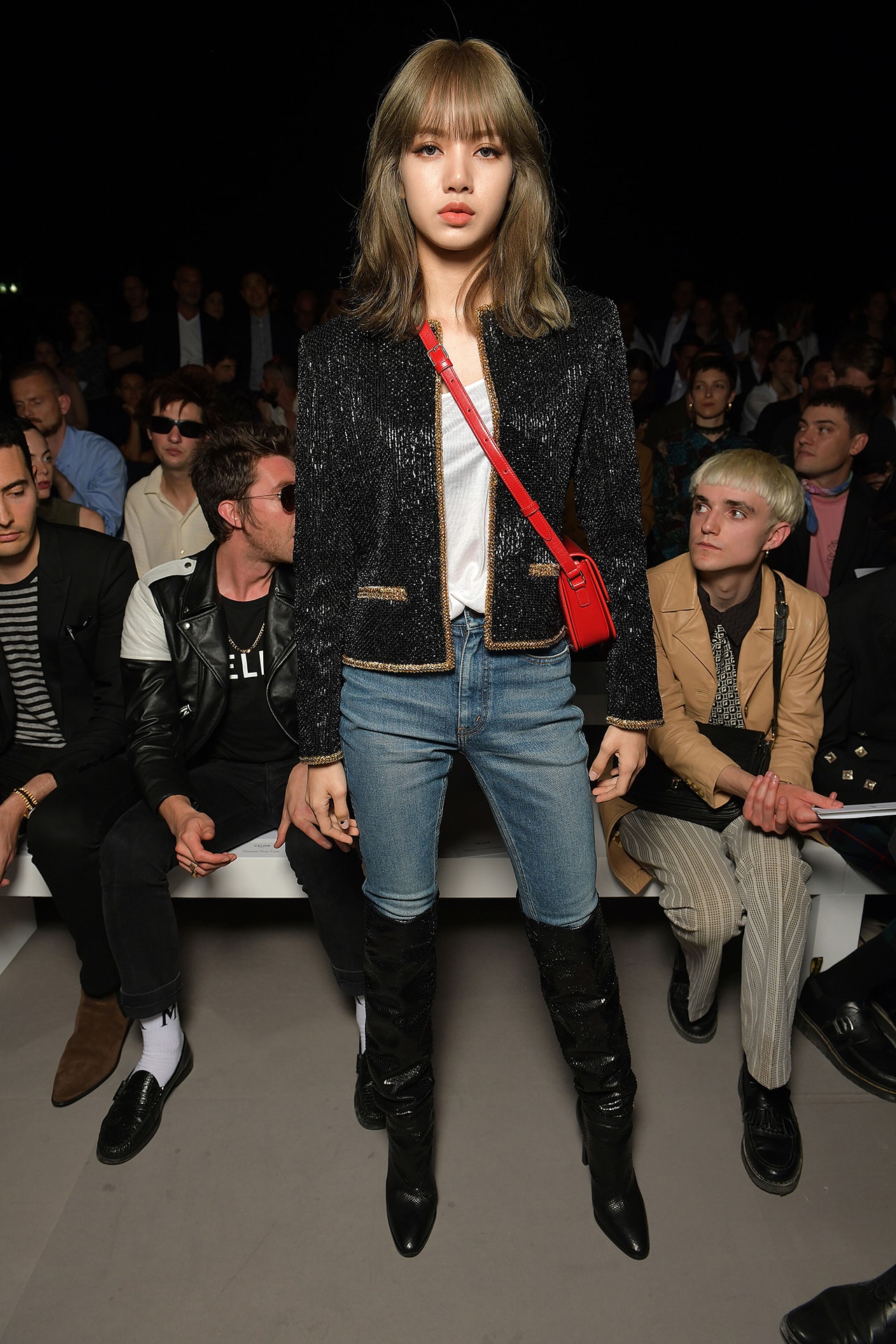 BLACKPINK Lisa Celebrity Outfit Paris Fashion Week Men's SS20 Spring Summer 2020 CELINE Hedi Slimane Red Bag Crossbody Jacket Jeans Boots Front Row