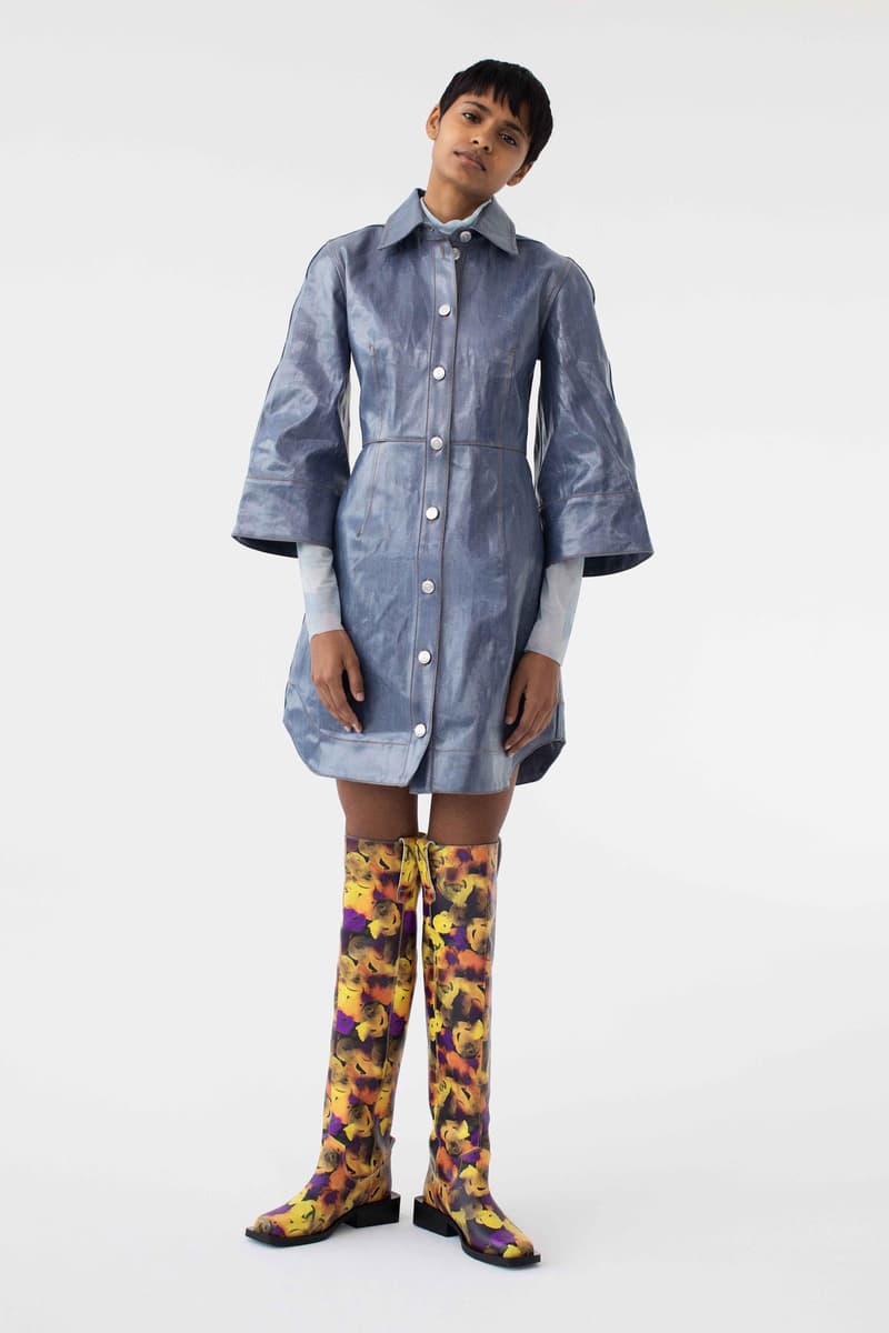 GANNI Pre-Spring 2020 Collection Lookbook Beige Khaki Tan Taupe Sand Trench Coat Jacket Silk Scarf Hat Beret