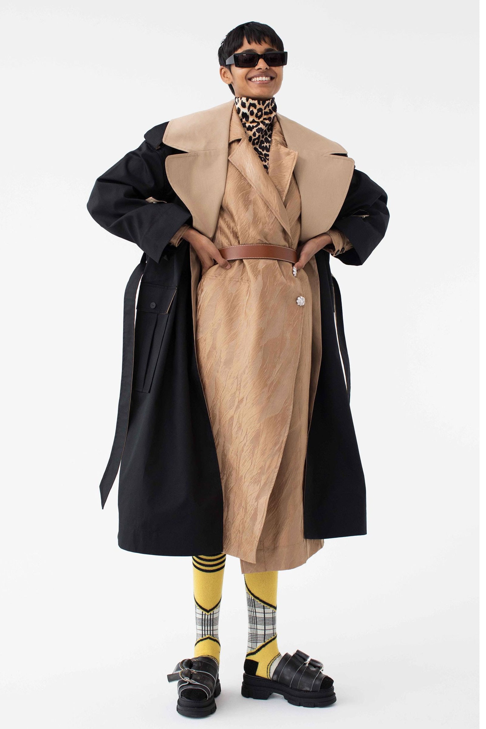 GANNI Pre-Spring 2020 Collection Lookbook Beige Khaki Tan Taupe Sand Trench Coat Jacket Silk Scarf Hat Beret 