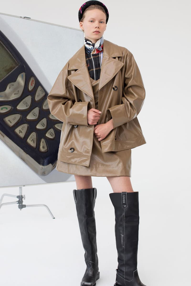 GANNI Pre-Spring 2020 Collection Lookbook Beige Khaki Tan Taupe Sand Trench Coat Jacket Silk Scarf Hat Beret