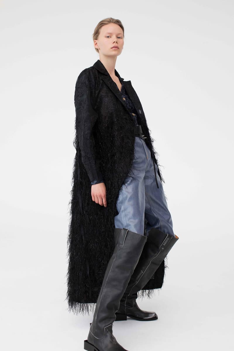 GANNI Pre-Spring 2020 Collection Lookbook Beige Khaki Tan Taupe Sand Trench Coat Jacket Silk Scarf Hat Beret