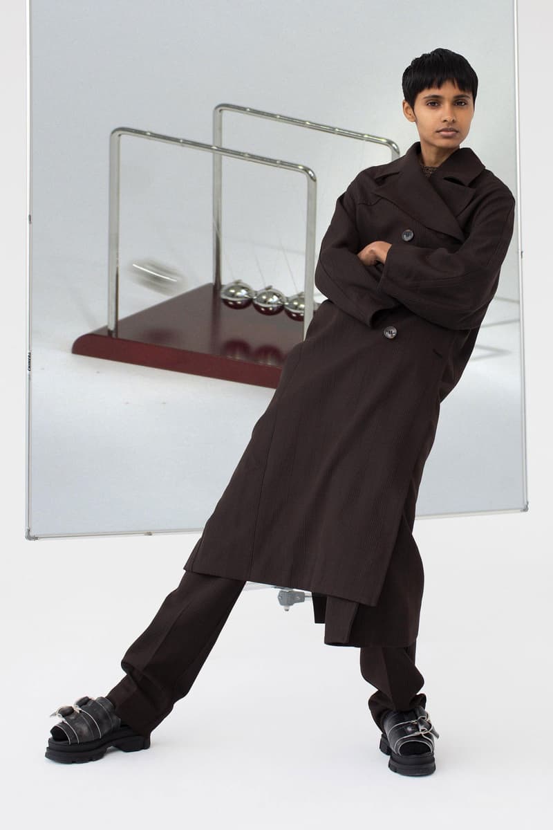 GANNI Pre-Spring 2020 Collection Lookbook Beige Khaki Tan Taupe Sand Trench Coat Jacket Silk Scarf Hat Beret