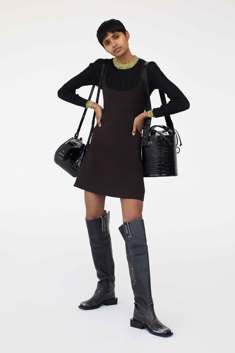 GANNI Pre-Spring 2020 Collection Lookbook Beige Khaki Tan Taupe Sand Trench Coat Jacket Silk Scarf Hat Beret