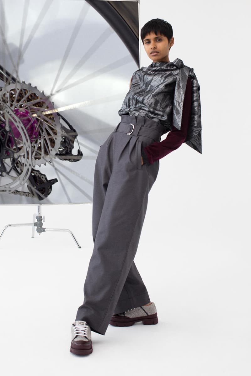 GANNI Pre-Spring 2020 Collection Lookbook Beige Khaki Tan Taupe Sand Trench Coat Jacket Silk Scarf Hat Beret