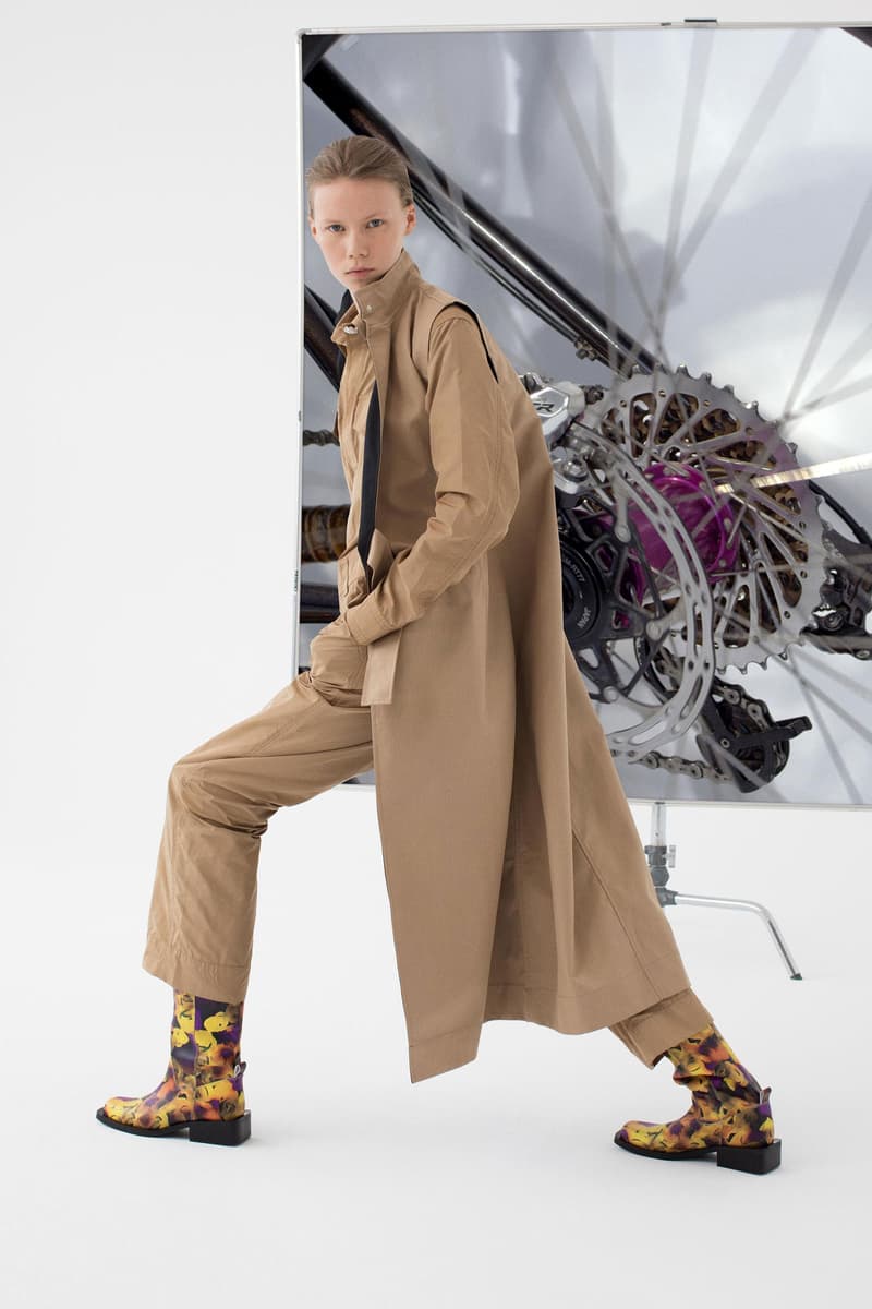 GANNI Pre-Spring 2020 Collection Lookbook Beige Khaki Tan Taupe Sand Trench Coat Jacket Silk Scarf Hat Beret