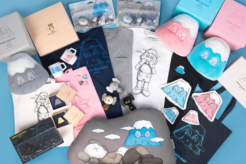 KAWS AllRightsReserved Japan Collection Drop T-shirt Tote Collectibles Pastel Blue Pink Gray Black White Figurines Pin Mugs Cups Plush