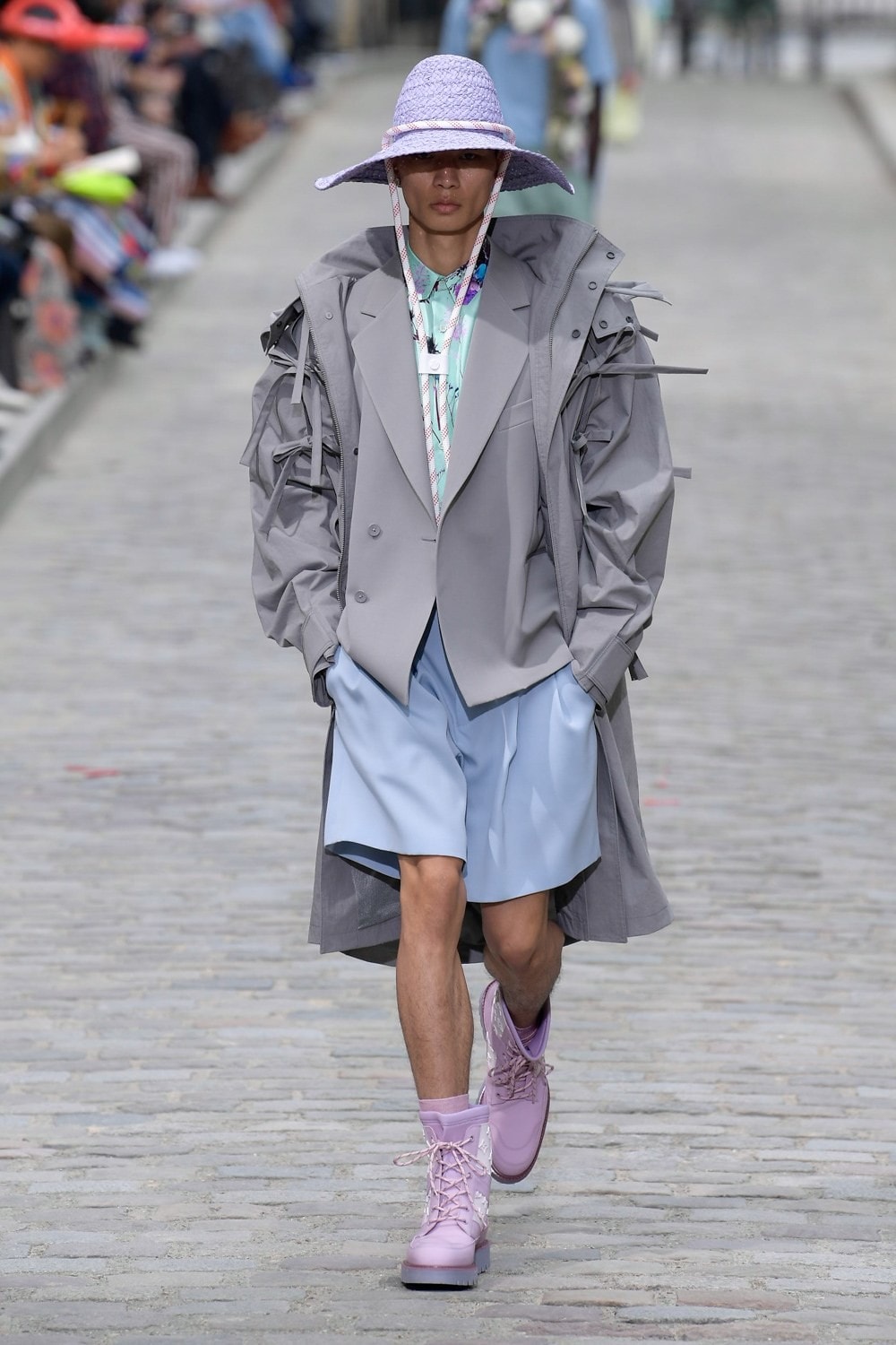 Louis Vuitton Virgil Abloh Spring Summer 2020 Paris Fashion Week Men's Show Collection Raincoat Grey Shorts Blue Shoes Purple