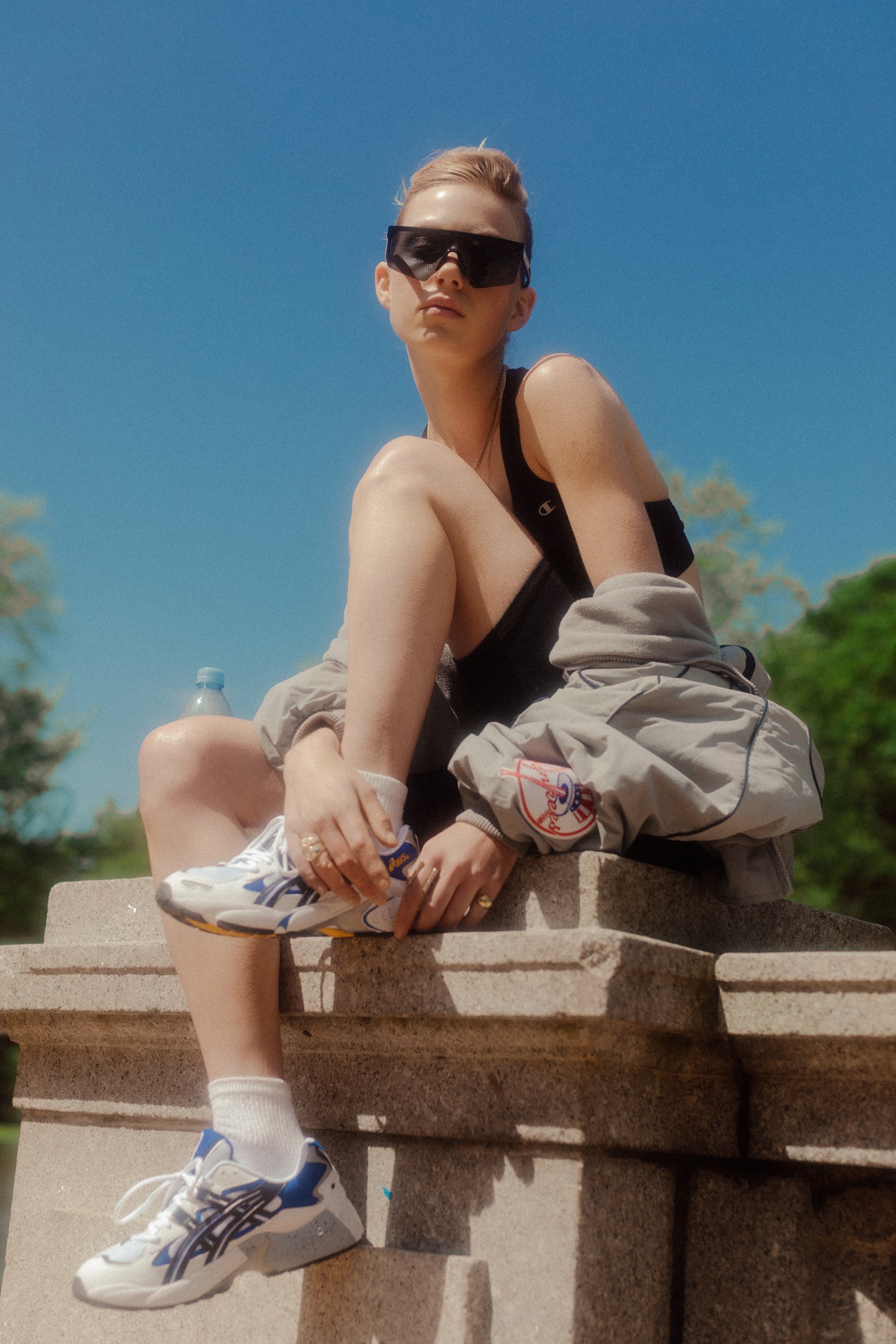 The Concept NY Vintage Summer Editorial Jacket Grey Bra Biker Shorts Black ASICS Sneakers White
