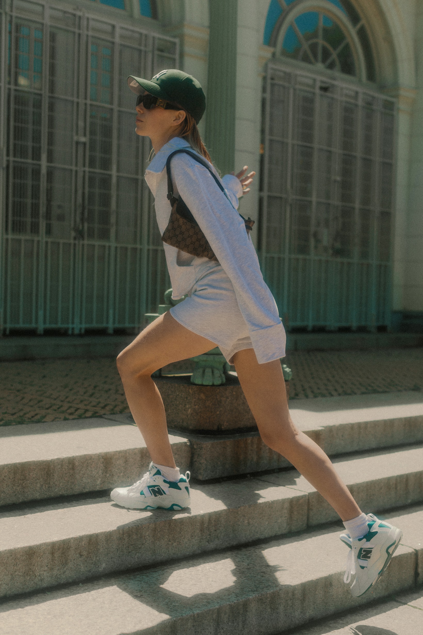 The Concept NY Vintage Summer Editorial Sweater Shorts Grey Fanny Pack Brown New Balance Sneakers White Blue
