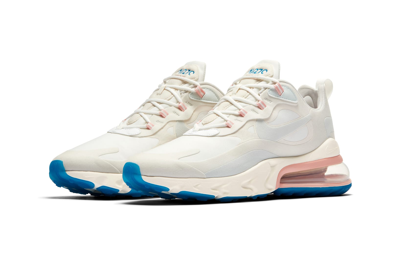 nike white pink and blue air max 270 react sneakers
