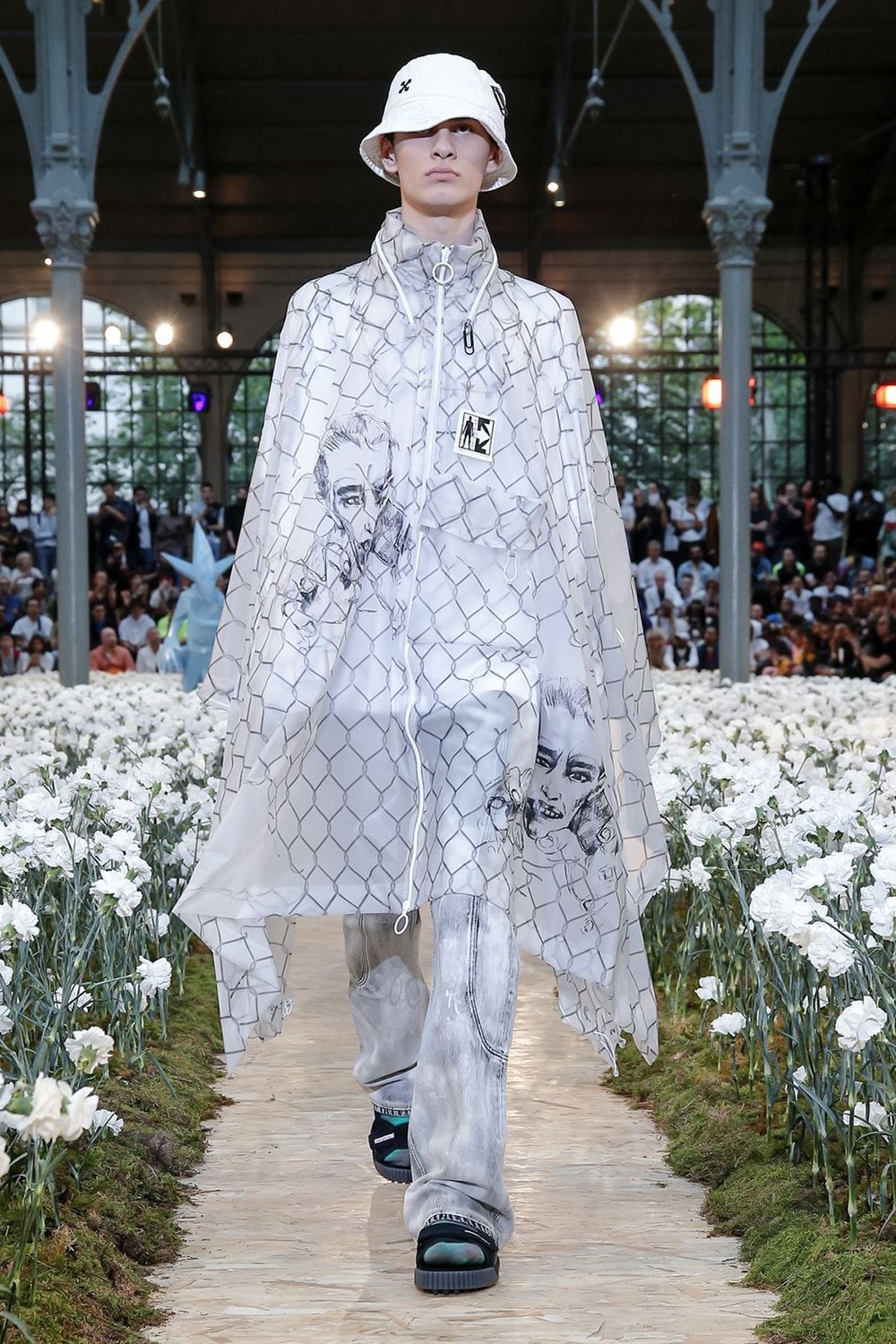 Off-White Virgil Abloh Spring Summer 2020 Paris Fashion Week Show Collection Backstage Raincoat Bucket Hat White Pants Grey
