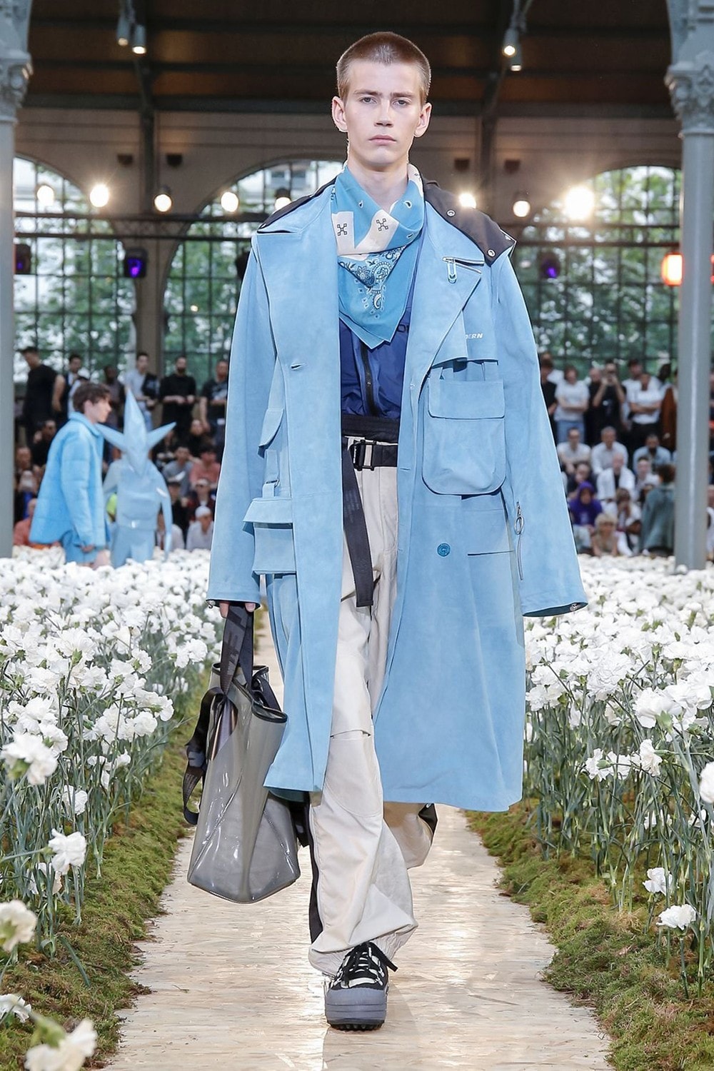 Off-White Virgil Abloh Spring Summer 2020 Paris Fashion Week Show Collection Backstage Jacket Blue Pants Grey